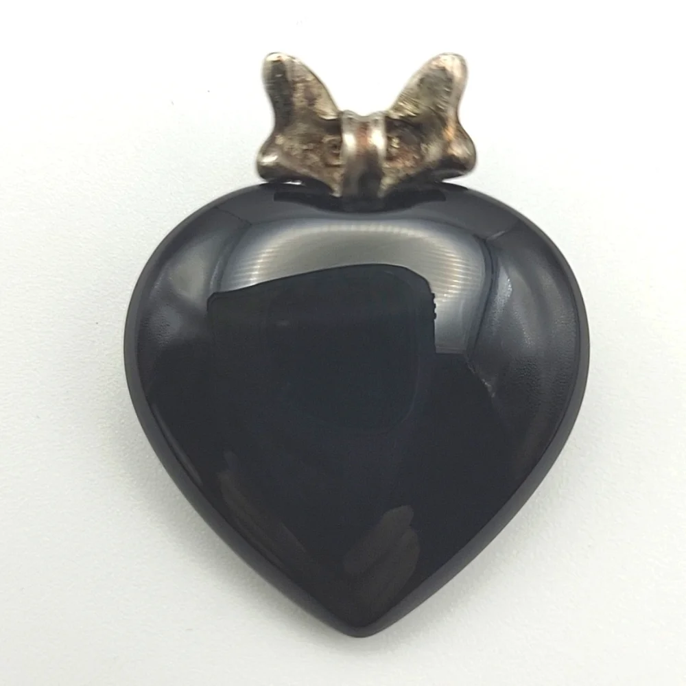 .925 Sterling Silver Black Obsidian Puffed Heart Pendant
